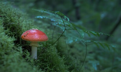 Red mushroom on mossy forest floor