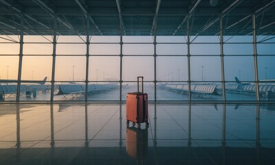 Red suitcase in empty airport terminal at dawn