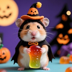 4k high quality Ai generative HD art work photo realistic Halloween pumpkin witch cute ghost spooky scary outfit costume pet hamster gummy bear candy cape