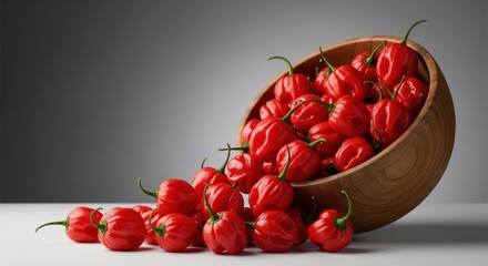 Red peppers spill from wooden bowl
