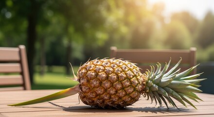 Ripe pineapple on a wooden table outdoors. Sunlight filters through trees