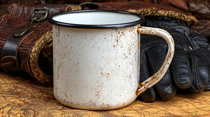 Vintage vibes beckon with an enamel mug, leather jacket, and antique map inspiring journeys and nostalgia for adventure's open road ahead