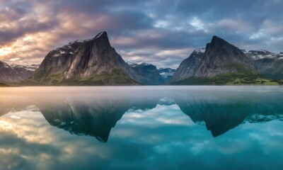 Misty mountain reflection on serene fjord at sunrise