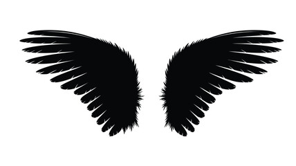 Black angel wings silhouette with textured feathers on white background