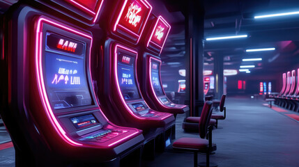 cyberpunk casino interior with massive holographic slot machines, glowing signs, sci-fi atmosphere, copy space