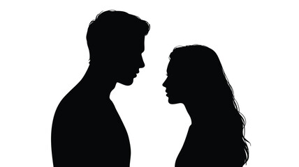Silhouette of a man and woman facing each other in profile against a white background