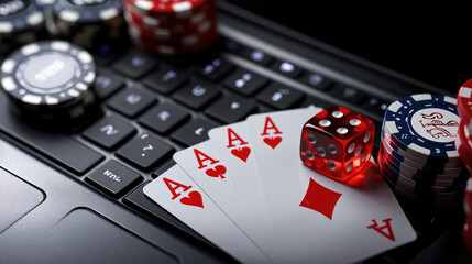 slot machine, poker chips, roulette, dice and gadget, symbolizing online casino gaming, copy space