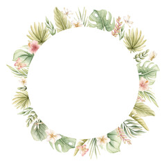 Monstera Palm Leaves Hibiscus Plumeria Flowers. Tropical Exotic wreath. Watercolor hand painted summer illustration