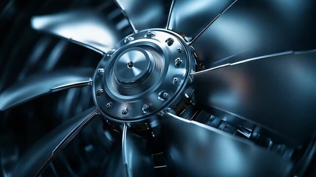 Detailed Macro Shot of a Spinning Industrial Cooling Fan.