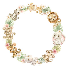 Cute Animals Plants Wreath. Safari Jungle Tropical Exotic leaves Watercolor summer pastel neutral isolated illustration