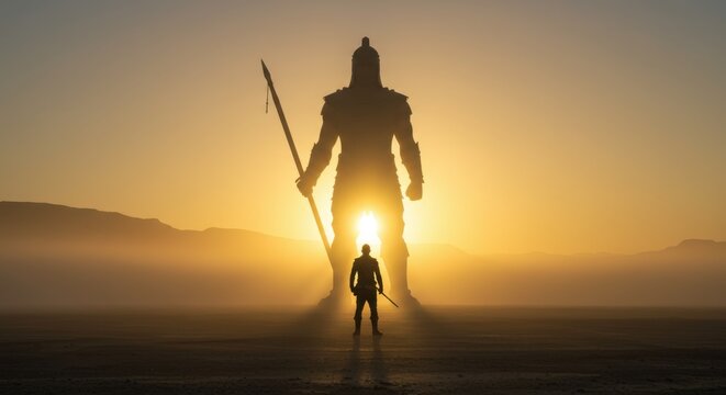 Biblical confrontation of David and Goliath in a dramatic, epic desert landscape