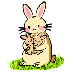 doodle of a mother rabbit hugging two cute baby bunnies