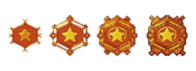Pixel medal with star for game ui icon. Gold hexagon trophy and rank set. Reward badge for military achievement and rating. Casino progress coin. Golden winner award as bonus. Medieval win emblem kit.