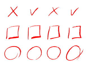Red cross and tick mark with pencil circle, square hand drawn box. Check and x crayon vector for list, correct and wrong exam vote. Grunge thin png illustration brush scribble. Handwritten sign.