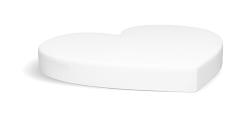 3d heart podium for Valentine. Love shape display platform for room. White stand mockup for realistic showcase scene. Minimal floating cute isolated base for mother day. Perspective view pedestal.