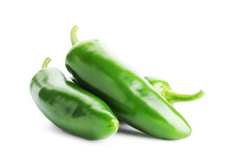 Many green jalapeno peppers isolated on white