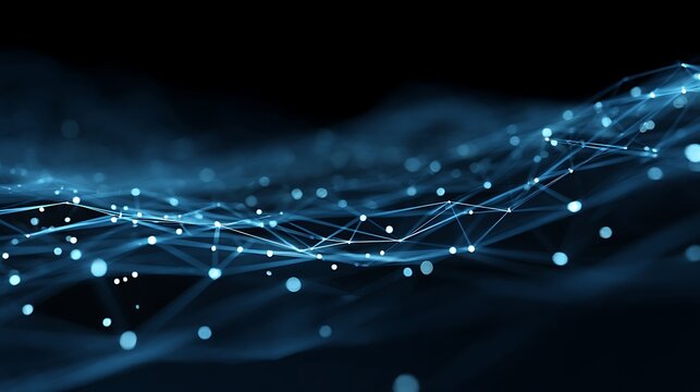Abstract Blue Digital Network with Connecting Nodes and Light Particles for Technology and Data Visualization