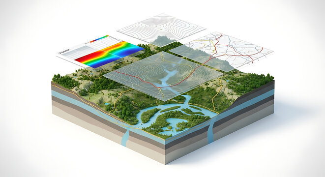 Isometric 3D rendering of a landscape with layers showing terrain, water flow, and geological strata.