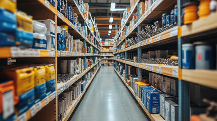 Fototapeta premium modern hardware store aisle filled with neatly organized shelves of nails, screws, bolts, and fasteners, bright lighting,