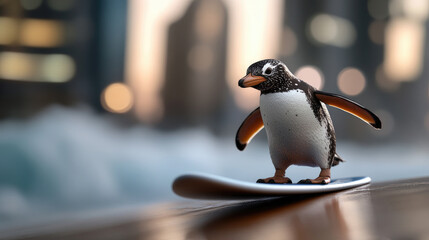 Penguin surfing on a surfboard at sunset in a coastal city with ocean waves in the background
