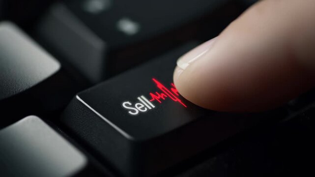 Finger hesitating over sell key with red heartbeat icon fingertip black keyboard conveying market uncertainty and decision