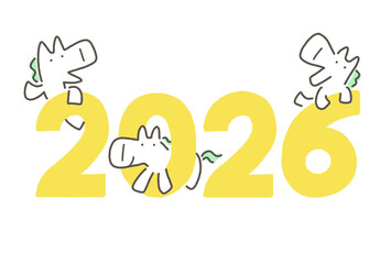黄色の2026のロゴと3匹の馬キャラクターのかわいい年賀状イラスト　正月素材