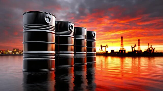 Oil Barrels Against Sunset: A row of oil barrels reflects a stunning sunset sky, while the silhouettes of oil rigs and city lights paint a backdrop of industry.