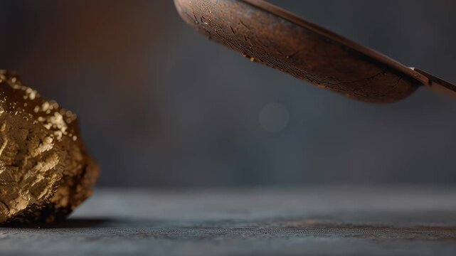 Golden nugget balance vintage metal scale pan balancing raw gold nugget weight mineral texture patina ingot precious metal rock