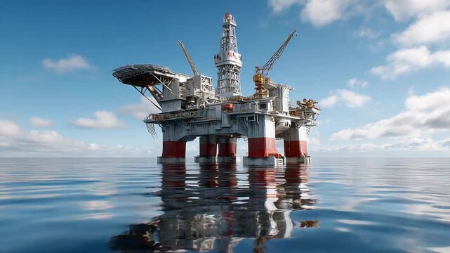 Oil Rig in Blue Ocean: A modern oil rig stands tall against a vast ocean under a bright blue sky, the structure's presence reflecting the importance of resources, energy. 
