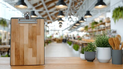 Rustic wooden clipboard awaits your menu or specials in a bright, modern cafe setting with lush greenery and warm lighting.