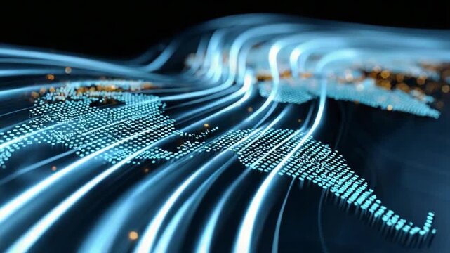 Global Digital Flow: The world comes alive through an electrifying network of interconnected lines, representing the rapid exchange of data and information in a digital realm. 