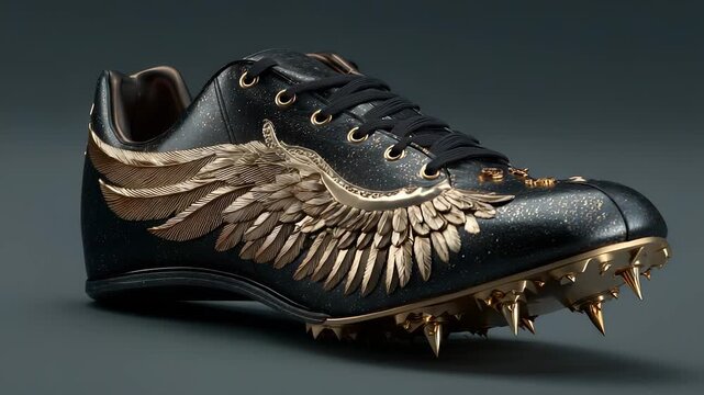 A black shoe with spikes showcases intricate golden wings, where golden accents and detailed wings create a striking appearance. The spikes enhance the shoe's unique design and gol