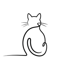 Minimalist single line drawing of a sitting cat with a curled tail