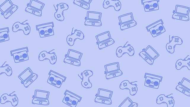 seamless game pattern with Laptops, controllers, and cd players on a light blue background suitable for technology blogs, music websites, or online electronics stores.