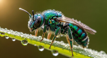 Fototapeta premium Closeup of a vibrant sweat bee covered in water droplets, perched on a leaf in a natural outdoor environment