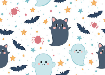 Cute monster and bats in seamless wallpaper and gift warping with pastel colors in flat style and vector design