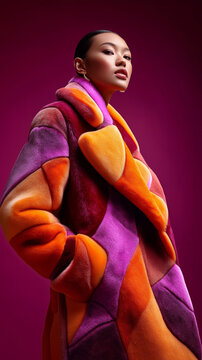 Modemodel in orangem Cardigan mit lila Licht und dramatischer Pose