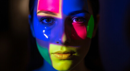 Close up portrait of a young woman with colorful geometric shapes projected onto her face in a dark studio environment