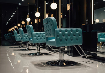 Fototapeta premium Luxury salon interior with teal barber chairs and modern lighting