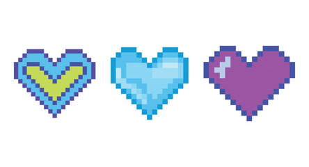 Pixel Heart Collection Vector Illustration. Colorful pixel heart vector illustration featuring blue, yellow, and pink designs. Ideal for digital graphics, game design, and y2k projects