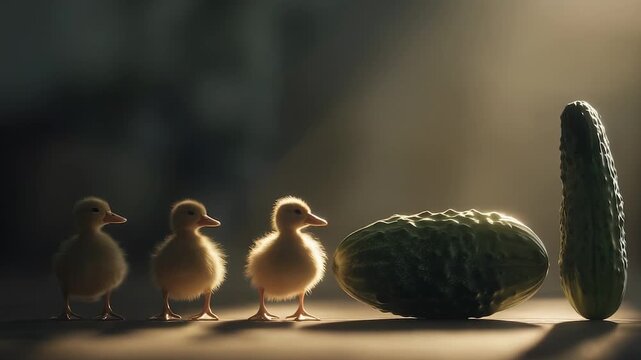 Four ducklings stand beside two cucumbers, with ducklings and cucumbers cast in a warm glow. The ducklings line up next to cucumbers, forming an interesting arrangement.