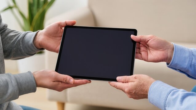Hands of an elderly and a young person holding a tablet together. Represents intergenerational interaction, knowledge sharing, and collaborative use of modern technology