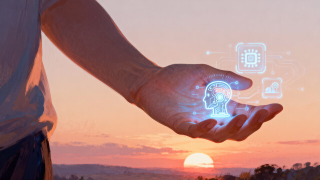 Hand holding digital brain and circuit icons