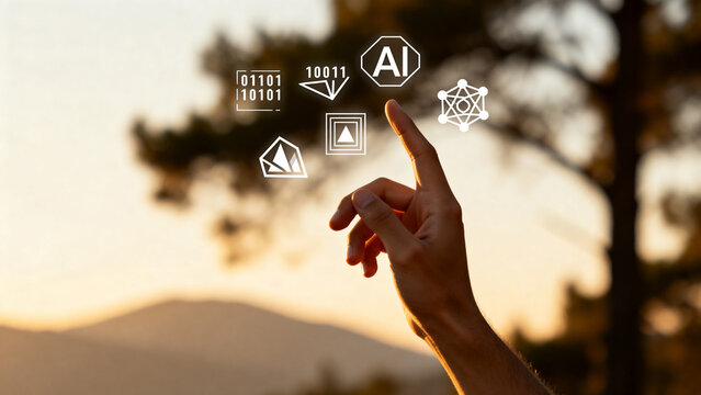 Hand interacting with AI icons