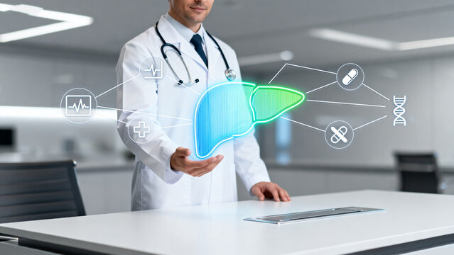 Doctor with digital liver model and health icons - Powered by Adobe