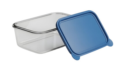 Clear plastic food storage container with blue lid for kitchen organization and meal prep solutions on transparent background