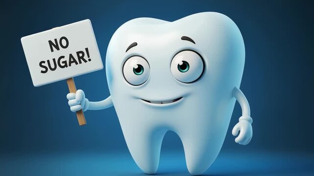 Cartoon tooth holding a 'No Sugar!' sign