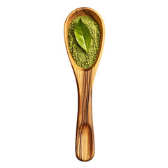 matcha green tea powder in wood scoop and leaf png