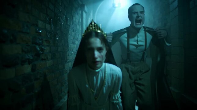 Weird creepy couple - a possessed with demons ex-exorcist and a vampire - walk through a moist dungeon corridor. Spooky oubliette inhabitants