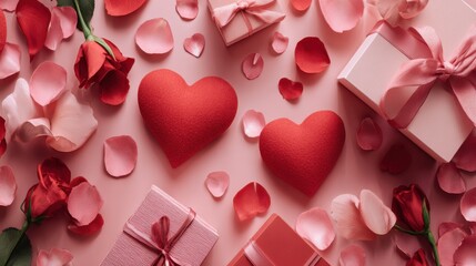 Obraz premium Beautiful composition with engagement ring and rose flowers on red background. Valentine's day celebration